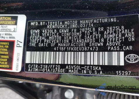 2014 Toyota Camry L/Se/Le/Xle from USA, damaged, VIN 4T1BF1FK0EU387473